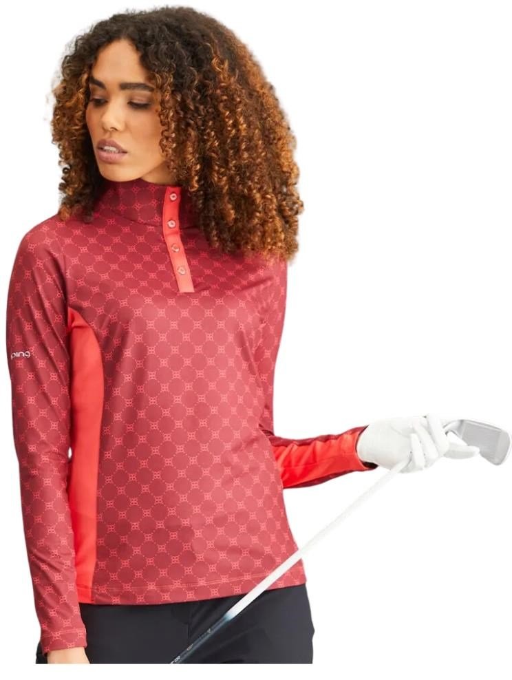PING Lolette Printed manga larga polo de mujer, tibetan red multi/cayenne