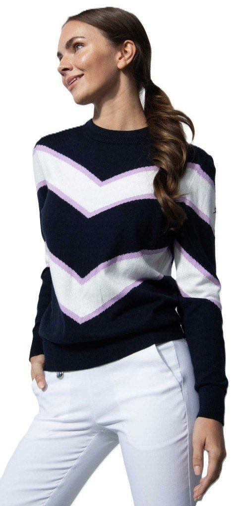 Jersey de golf de mujer con motivo geométrico en azul, blanco y violeta