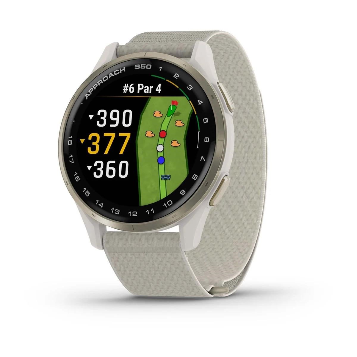Garmin Approach S50 GPS Watch, marfil nylon/oro crema aluminio
