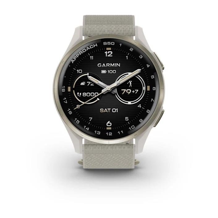 Garmin Approach S50 GPS Watch, marfil nylon/oro crema aluminio