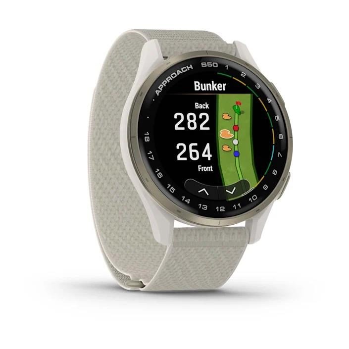 Garmin Approach S50 GPS Watch, marfil nylon/oro crema aluminio