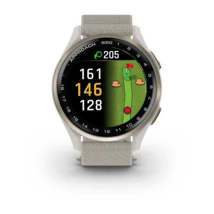 Garmin Approach S50 GPS Watch, marfil nylon/oro crema aluminio