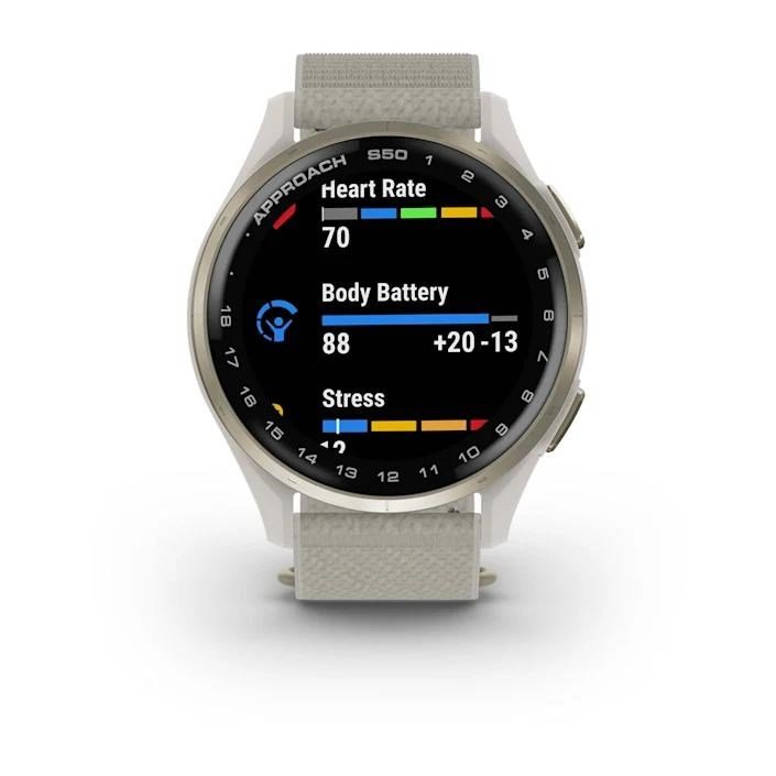 Garmin Approach S50 GPS Watch, marfil nylon/oro crema aluminio
