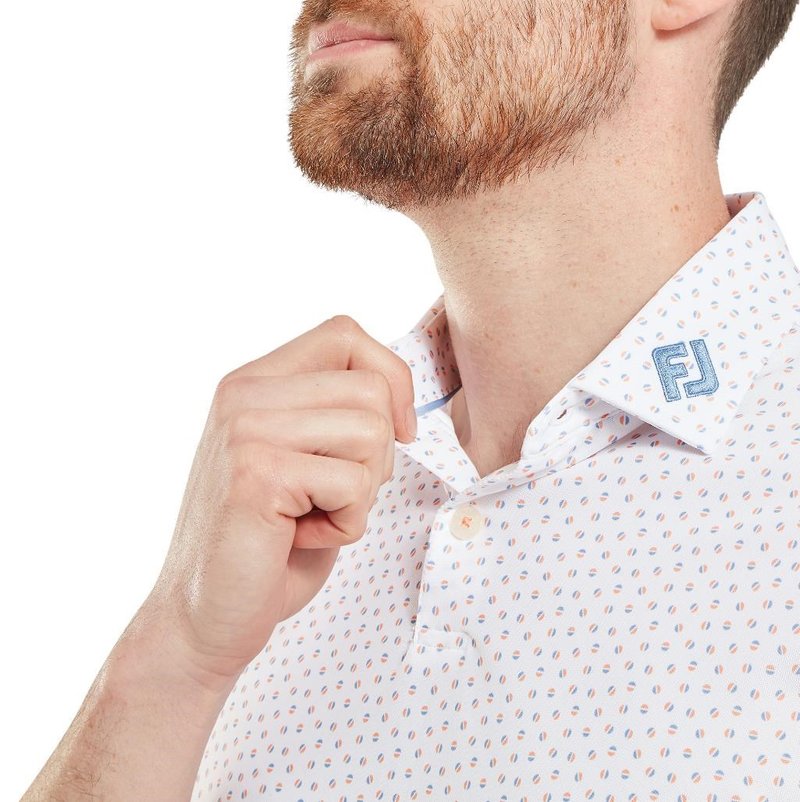 FootJoy Bounce Print Pique polo de hombre, blanco/naranja/azul jay