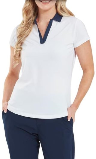FootJoy Cap Sleeve Print Trim Lisle polo de mujer, blanco/navy