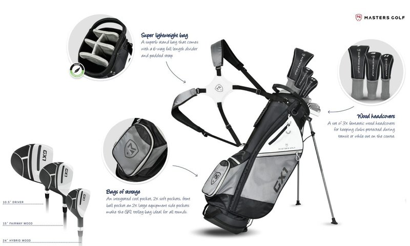 Masters GX1 Gts set de golf para hombre, grafito, + bolsa stand, negro/gris/blanco