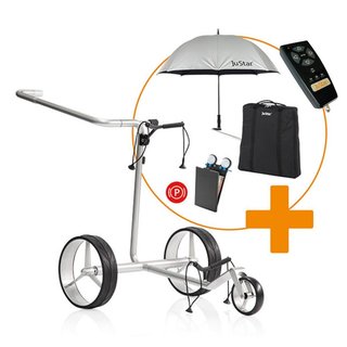 JuStar Carbon Light SET (incl. umbrella, scorecard holder, carry bag, el. parking brake) + REMOTE CONTROL carrito eléctrico, titanium