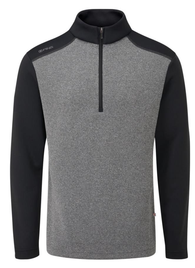 PING Ramsey half zip ribbed fleece pullover de hombre, negro jaspeado/negro