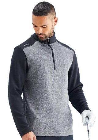 PING Ramsey half zip ribbed fleece pullover de hombre, negro jaspeado/negro