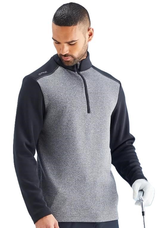 PING Ramsey half zip ribbed fleece pullover de hombre, negro jaspeado/negro