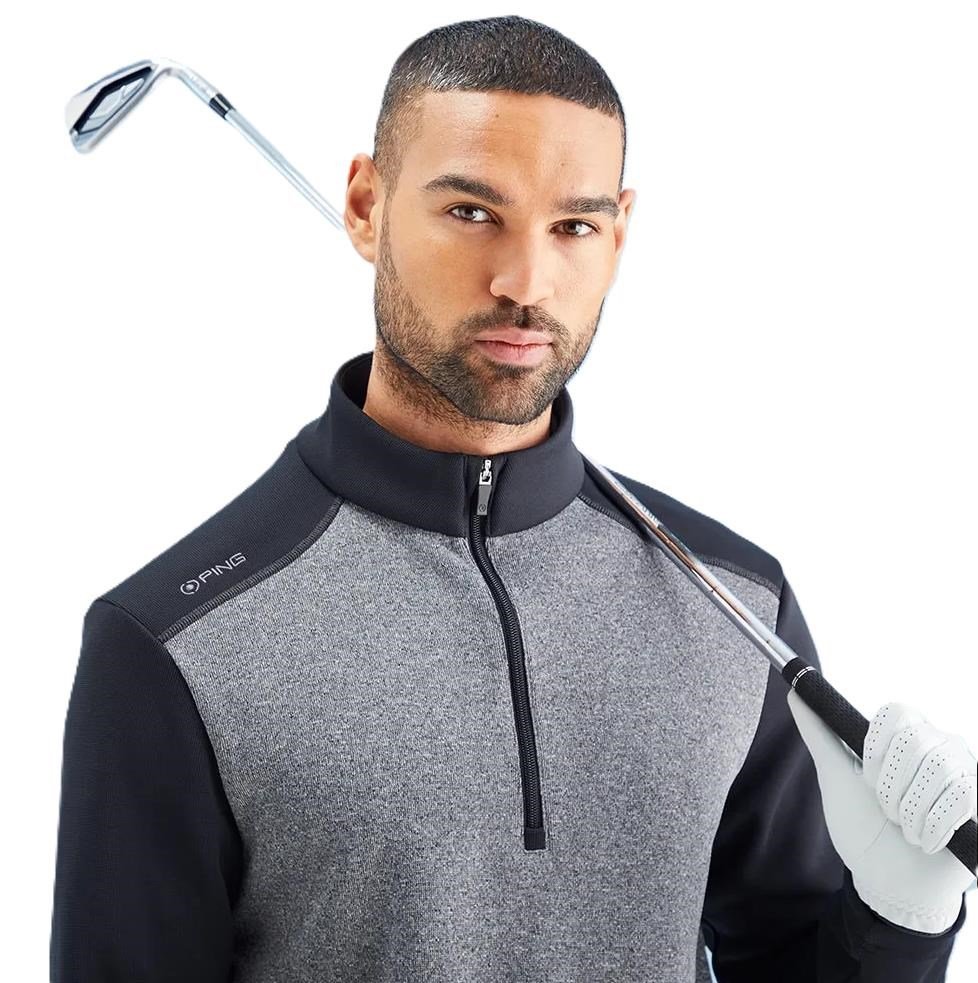 PING Ramsey half zip ribbed fleece pullover de hombre, negro jaspeado/negro