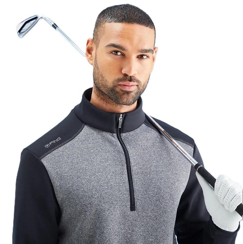 PING Ramsey half zip ribbed fleece pullover de hombre, negro jaspeado/negro
