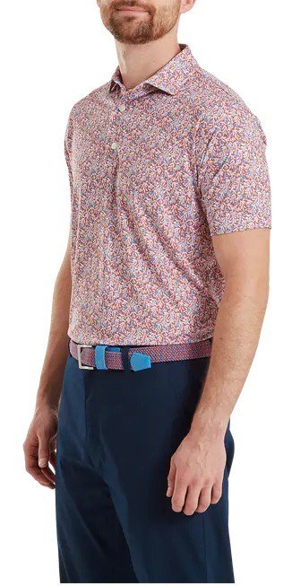 FootJoy Meadow Print Lisle polo de hombre, nantucket red/hambray/coastal blue