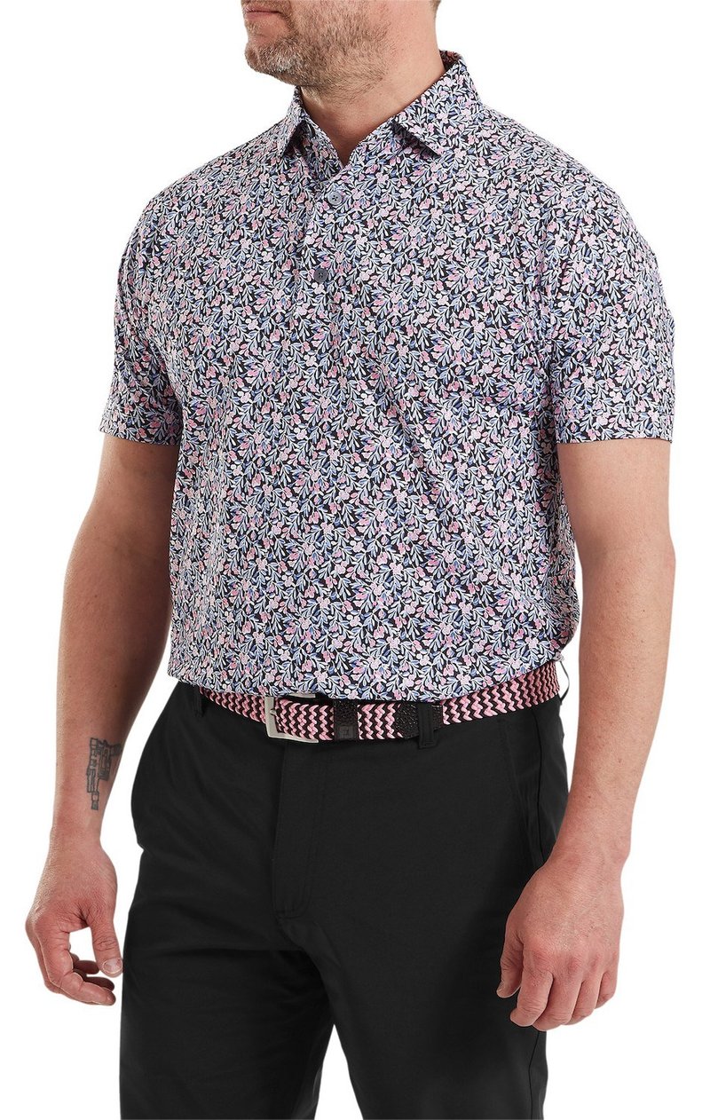 FootJoy Meadow Print Lisle polo de hombre, negro/vivid violet/pink pop