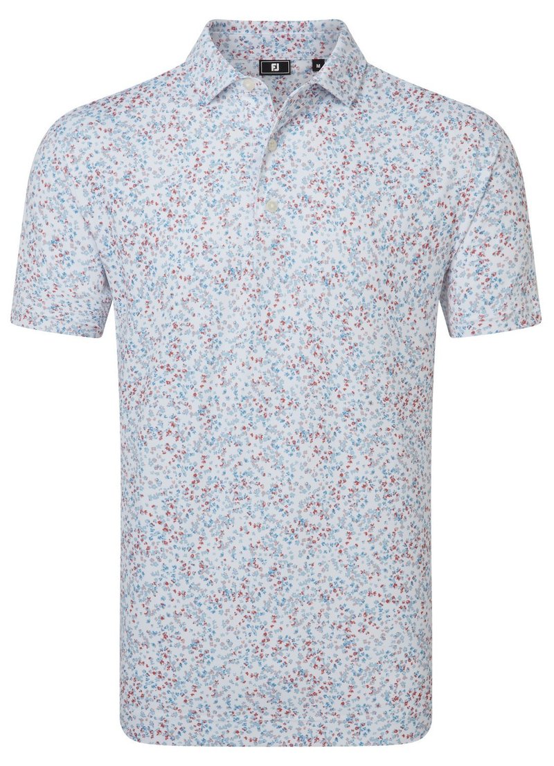 FootJoy Watercolour Floral Print Pique polo para hombre, blanco/chambray/nantucket red