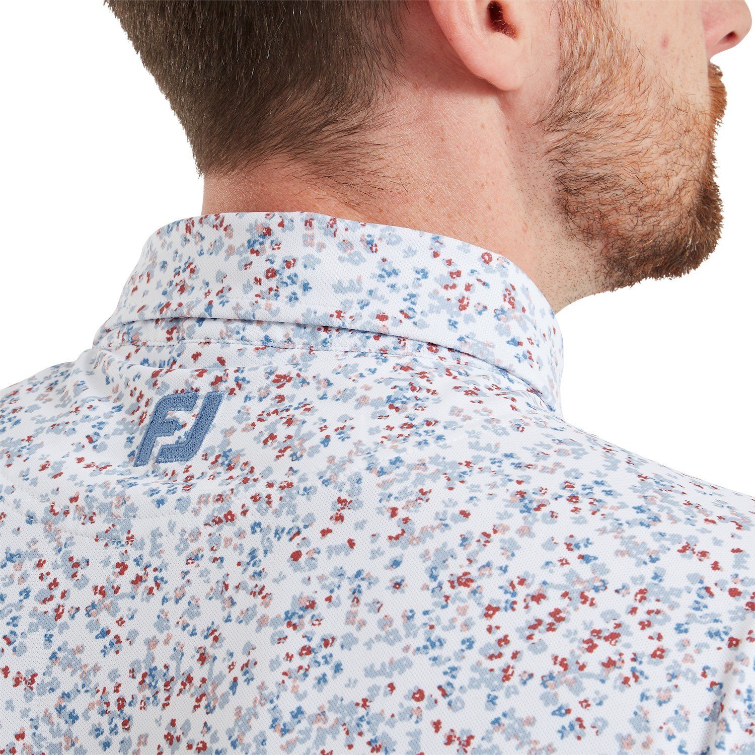 FootJoy Watercolour Floral Print Pique polo para hombre, blanco/chambray/nantucket red