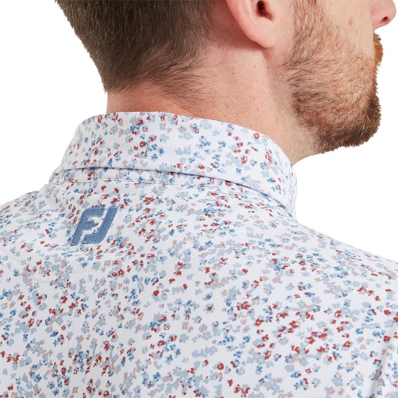 FootJoy Watercolour Floral Print Pique polo para hombre, blanco/chambray/nantucket red
