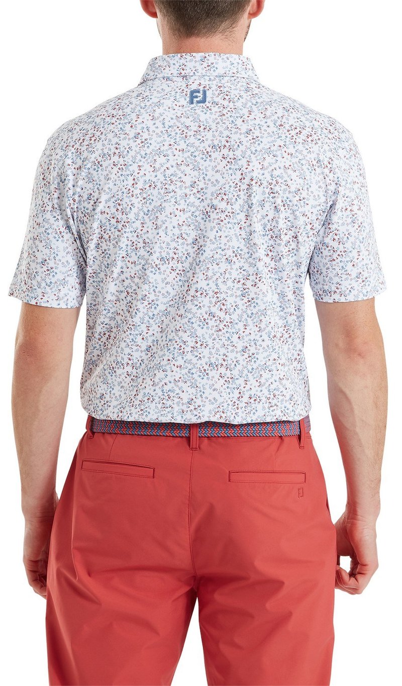 FootJoy Watercolour Floral Print Pique polo para hombre, blanco/chambray/nantucket red