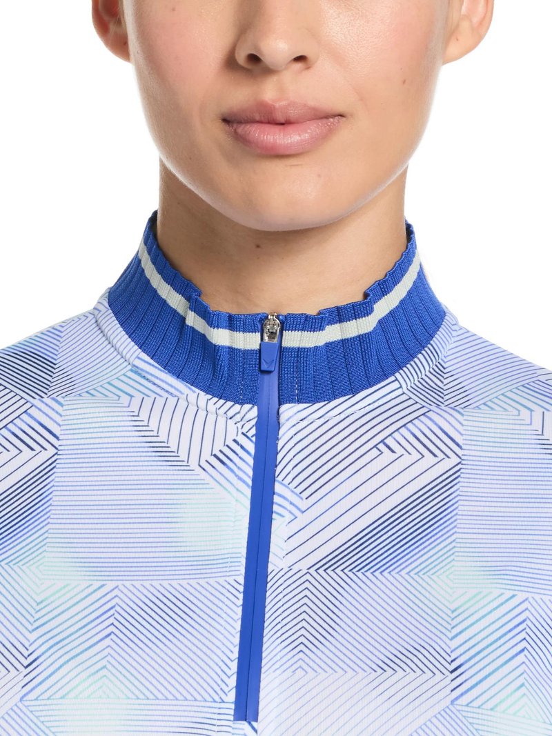 Callaway Sleeveless Rib Collar 1/4 ZIP Print polo de mujer, bright white