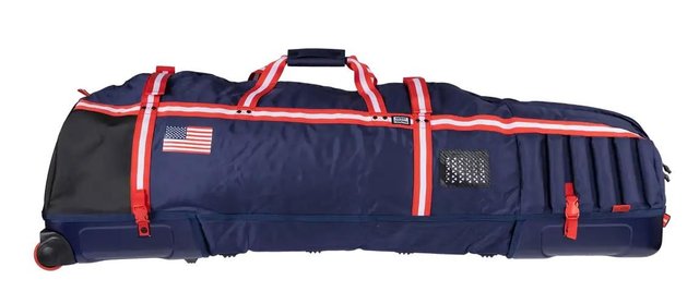 Bolsa de viaje de golf azul y roja con ruedas y asas laterales