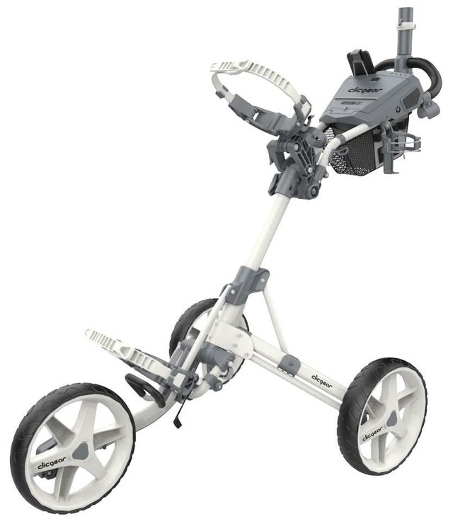 Carro manual blanco de tres ruedas con soporte para tarjeta y accesorios