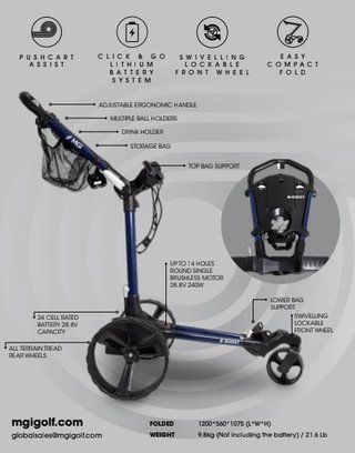 MGI E-Boost hybrid golf trolley 2026 eléctrico, azul marino mate