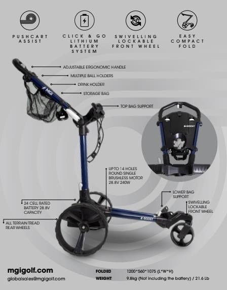 MGI E-Boost hybrid golf trolley 2026 eléctrico, azul marino mate
