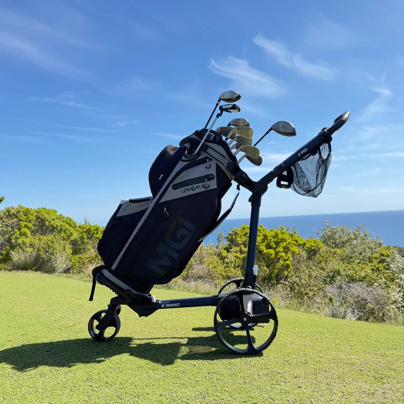 MGI E-Boost hybrid golf trolley 2026 eléctrico, azul marino mate