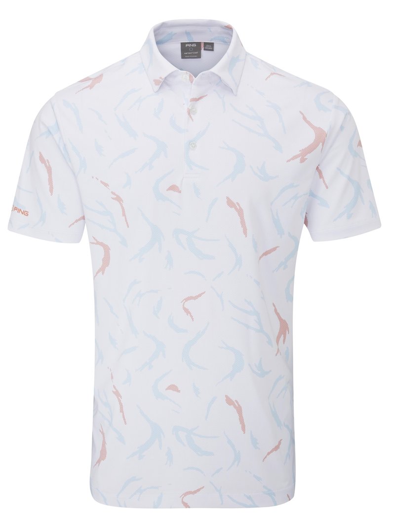 PING Ephron Printed polo de hombre, blanco/wild salmon multi