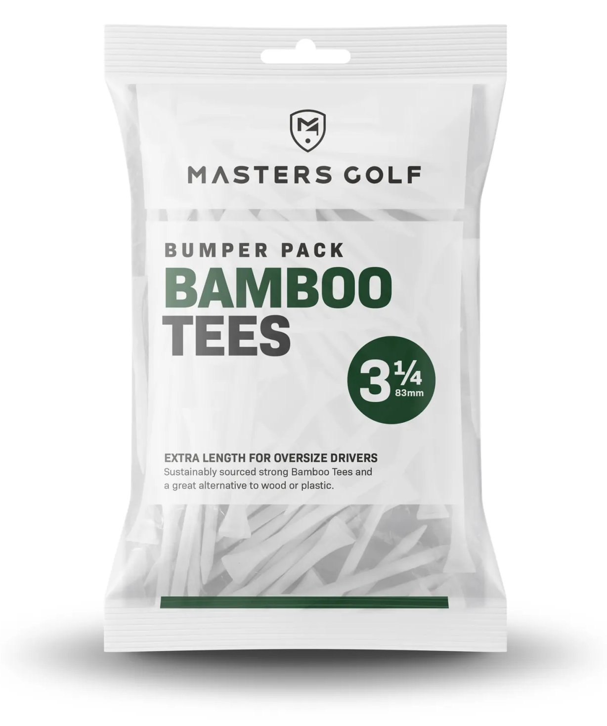 Masters Golf Bamboo Tees 83 mm (3 1/4"), Bumper Bag 85 tees, blanco