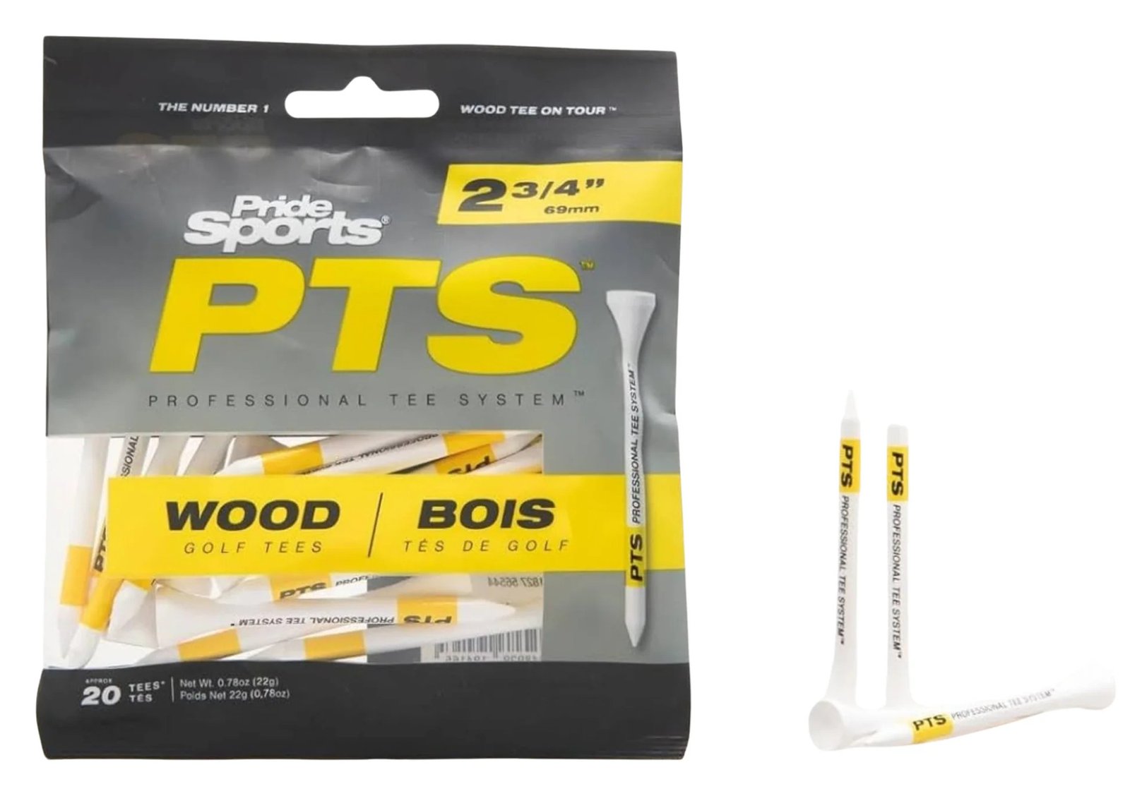 Pride Professional Tee System Prolength Yellow tees de madera 69mm (2 3/4"), 20 unidades