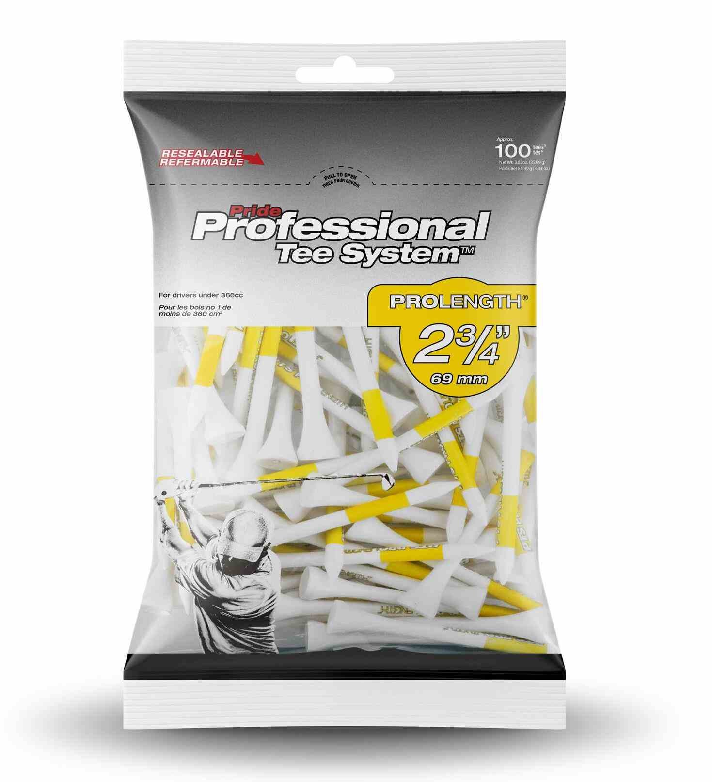 Pride Professional Tee System Prolength Yellow tees de madera 69mm (2 3/4"), 100 tees