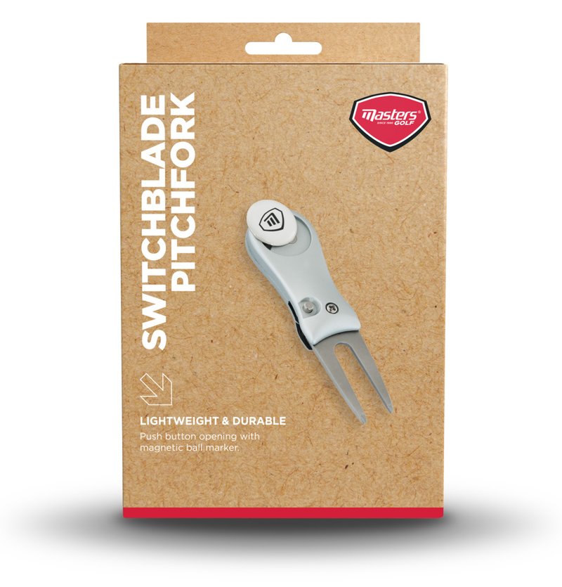 Masters Golf Switchblade Style Pitchfork marcador de divots, plateado