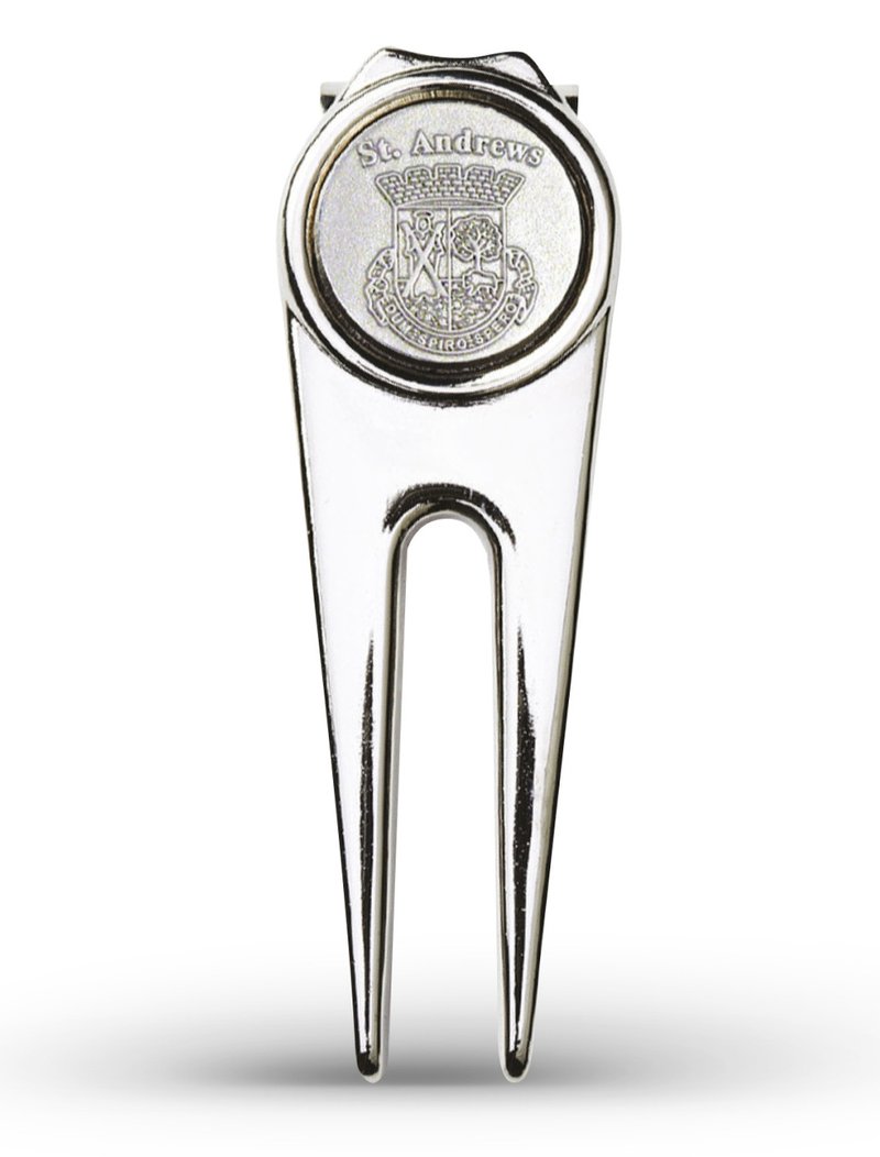 Masters Golf St Andrews Deluxe Pitchfork marcador de divots, plateado