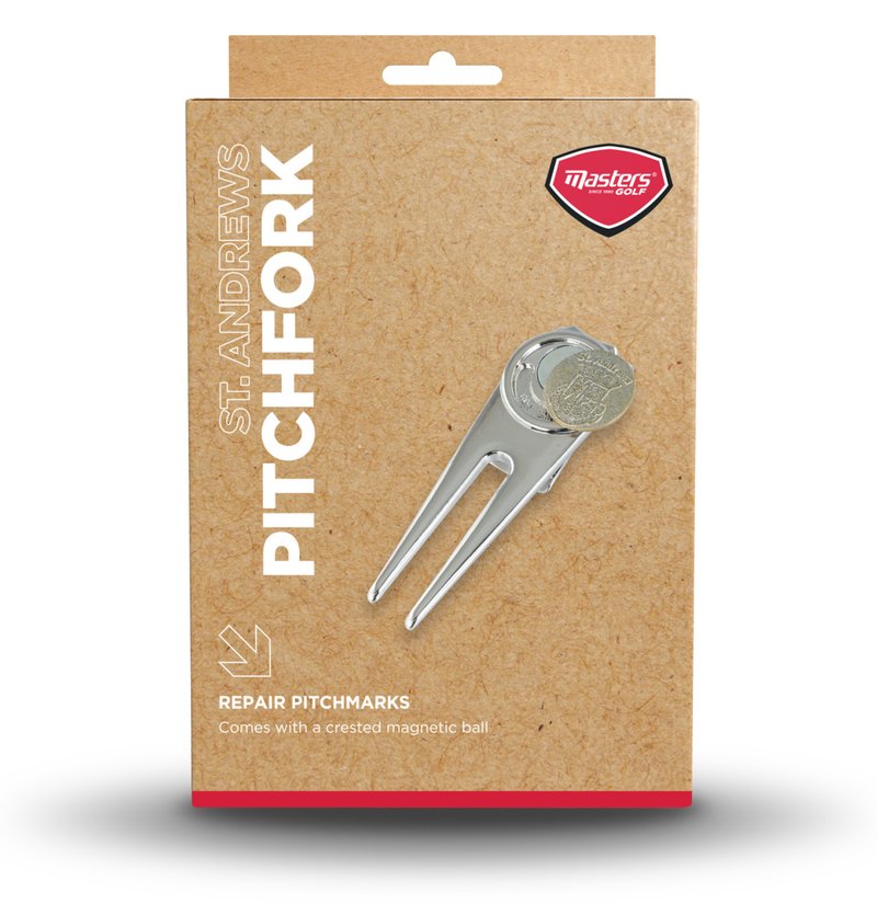 Masters Golf St Andrews Deluxe Pitchfork marcador de divots, plateado