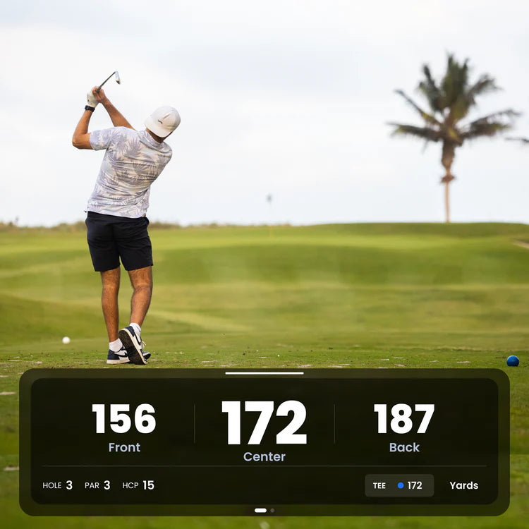 GPS The Caddie mostrando distancias al frente, centro y fondo del green