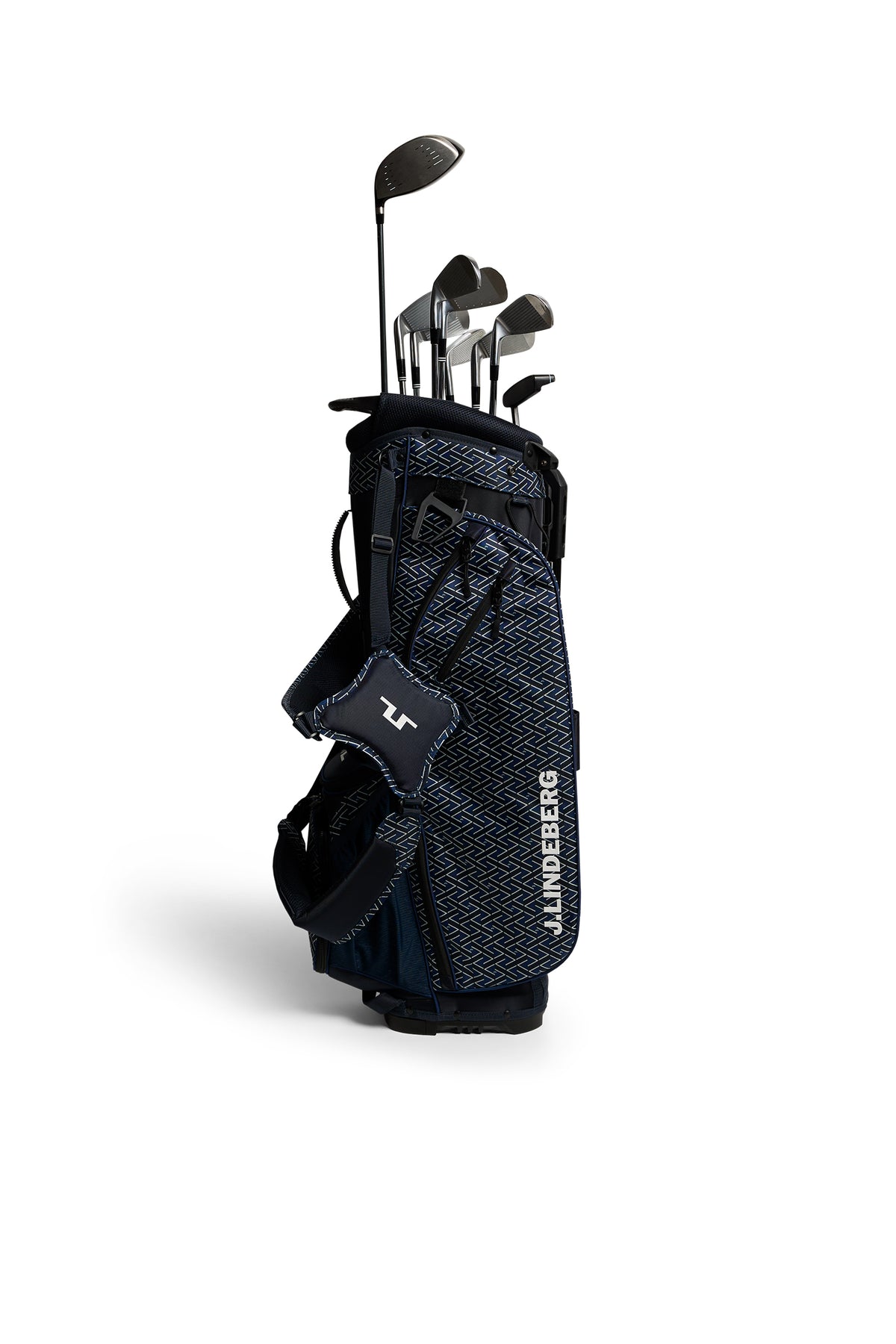 Vista frontal de la bolsa de golf con estampado J.Lindeberg JL Flare