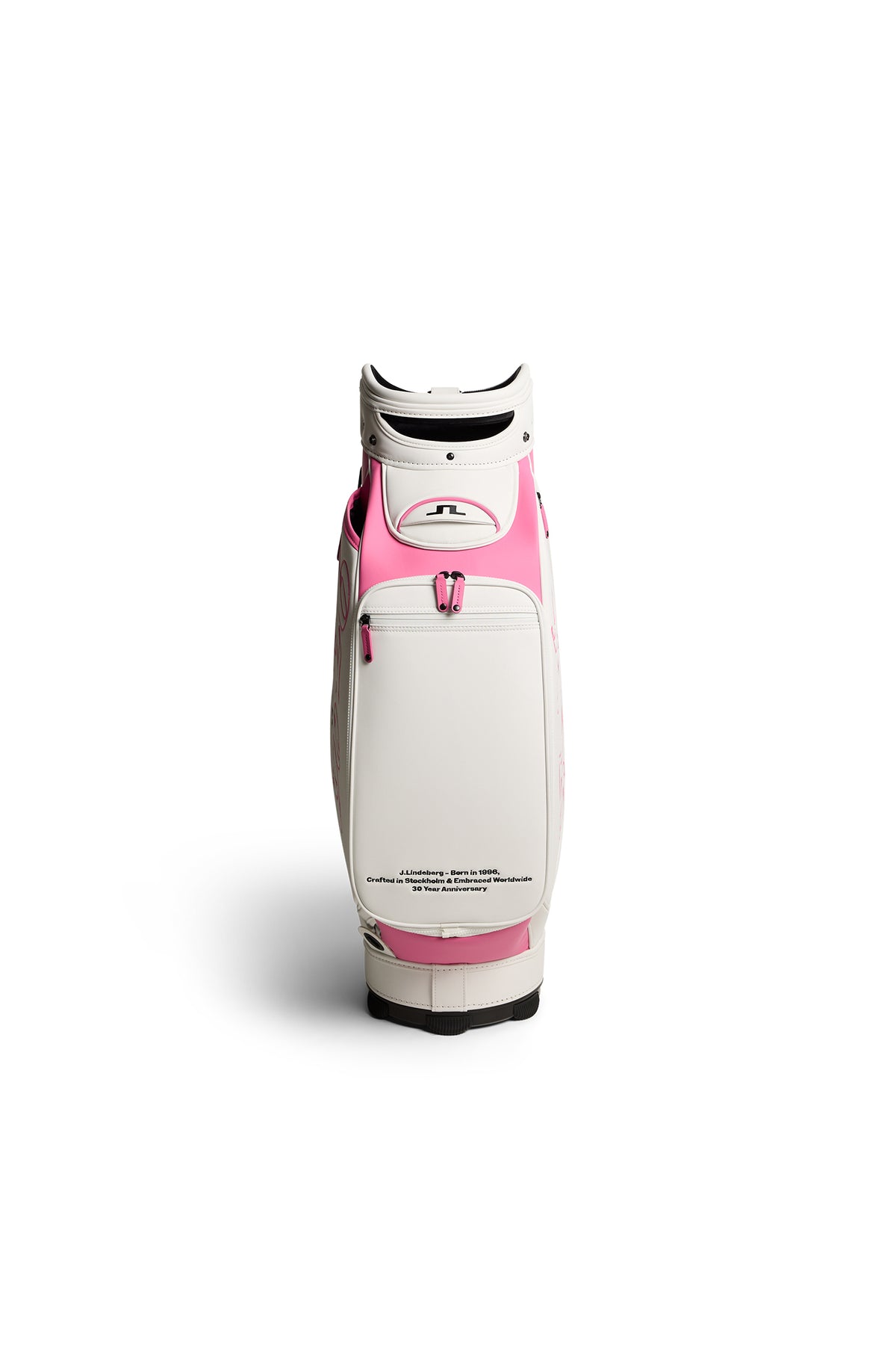 Detalle de la marca del aniversario de la bolsa de golf J.Lindeberg 30Y Staff Bag blanca