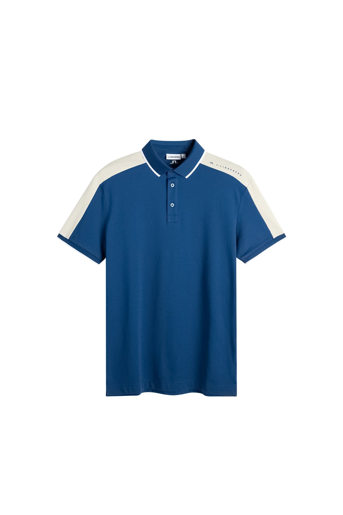 Polo J.Lindeberg Jace Estate Blue: vista frontal que muestra el tejido transpirable y los paneles de contraste en los hombros
