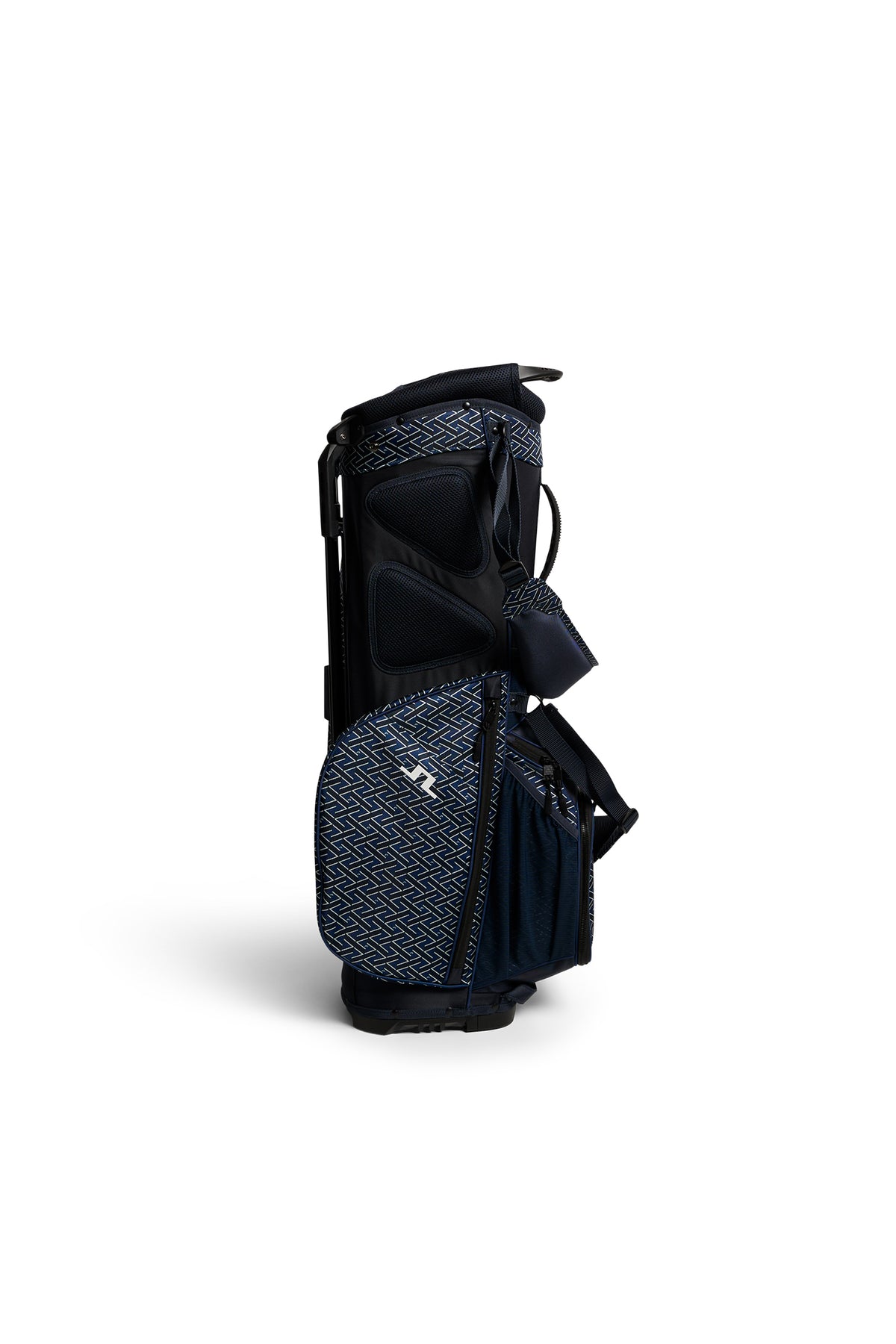 Detalle de la correa y compartimentos de la bolsa de golf con estampado J.Lindeberg JL Flare
