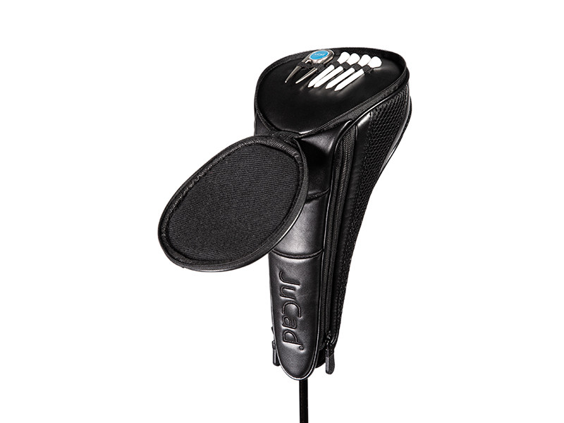 Funda para driver JuCad abierta mostrando el compartimento con cremallera con tees y arreglapiques