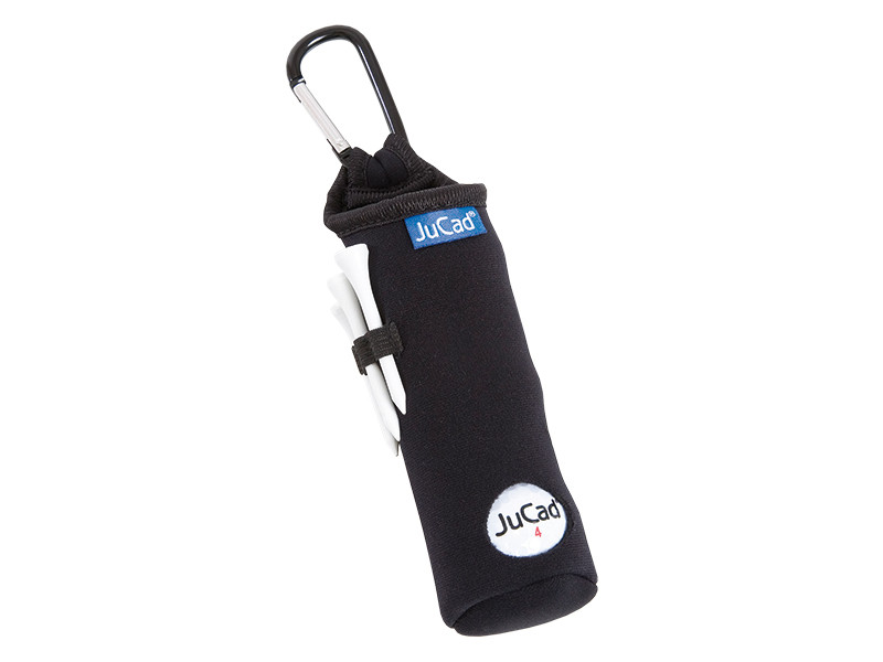 Soporte para bolas y tees de neopreno JuCad enganchado a una bolsa de golf