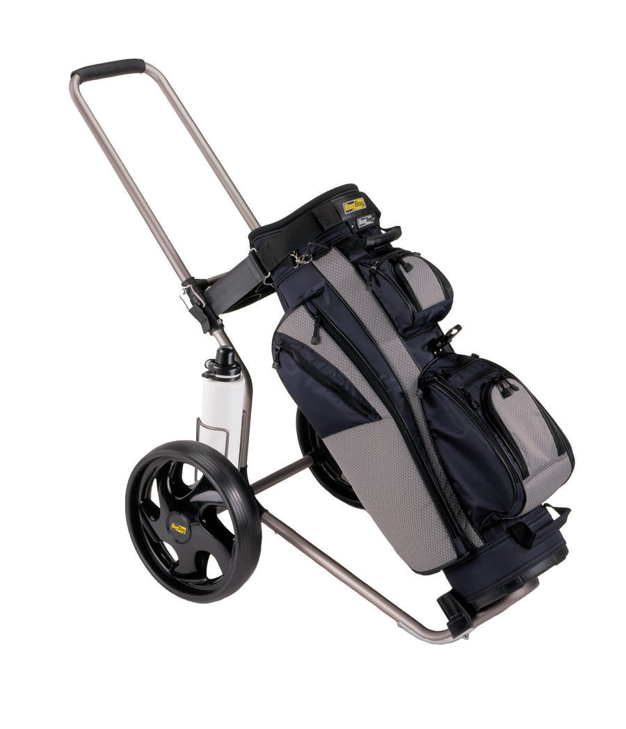 Bag Boy Rental Dual Tube con bolsa montada, mostrando el chasis plegable