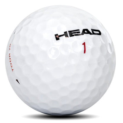 Primer plano de la bola de golf HEAD TOUR 70 mostrando la cubierta de uretano y el patrón de hoyuelos