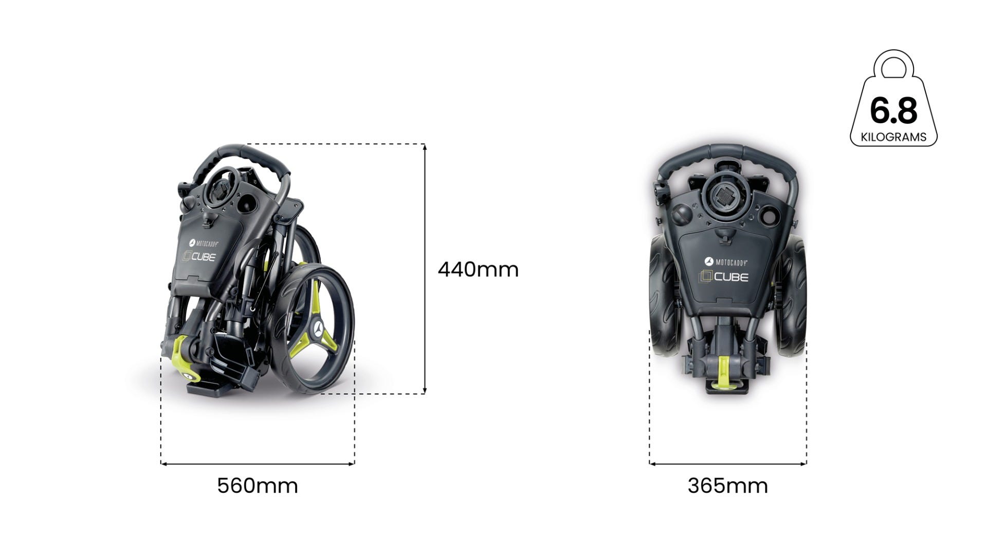 Diagrama de especificaciones, ruedas y dimensiones del Motocaddy CUBE