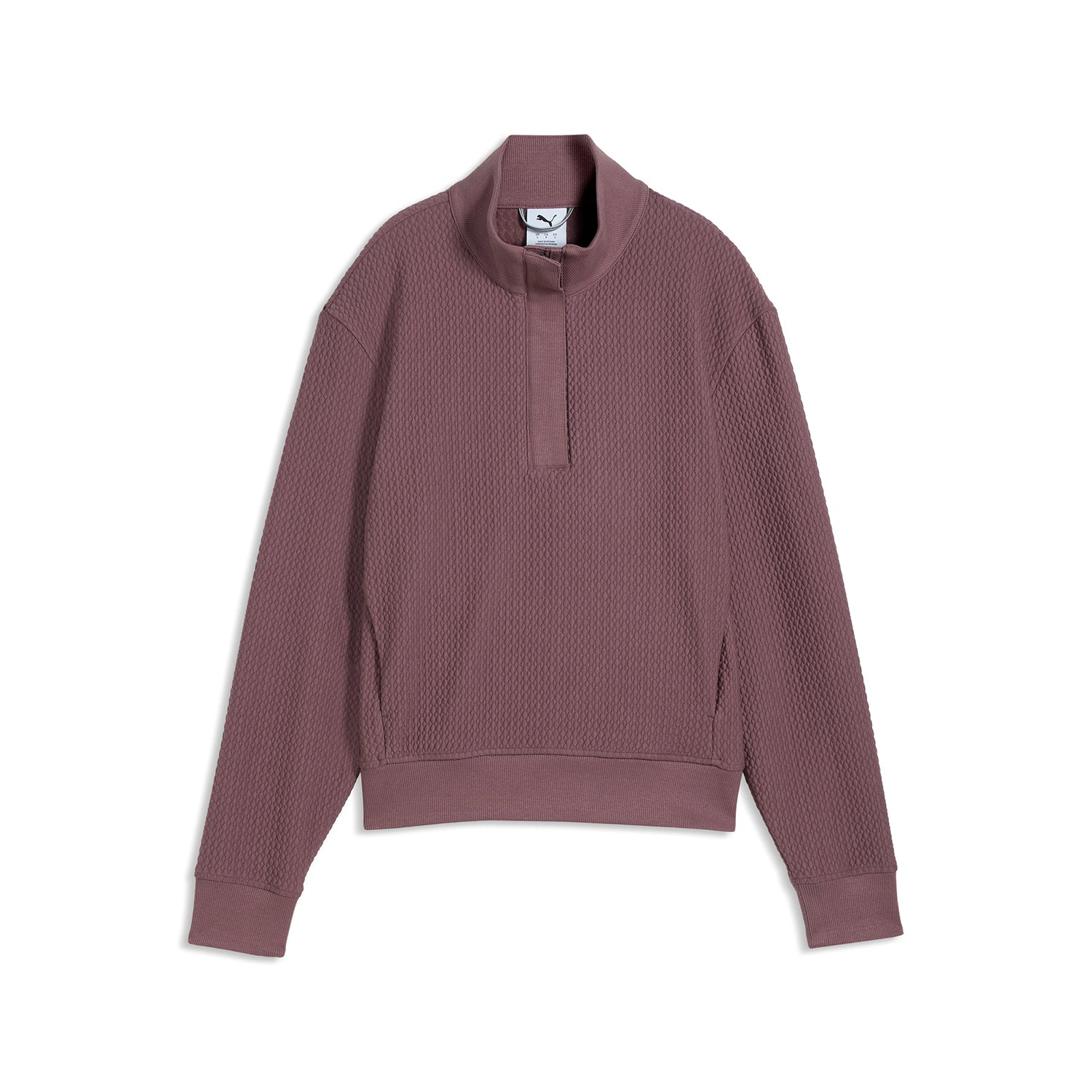Sudadera Puma Boulder Ladies 1/4 Zip en Rich Cocoa – vista frontal mostrando la textura del tejido gofre y el cuello alto
