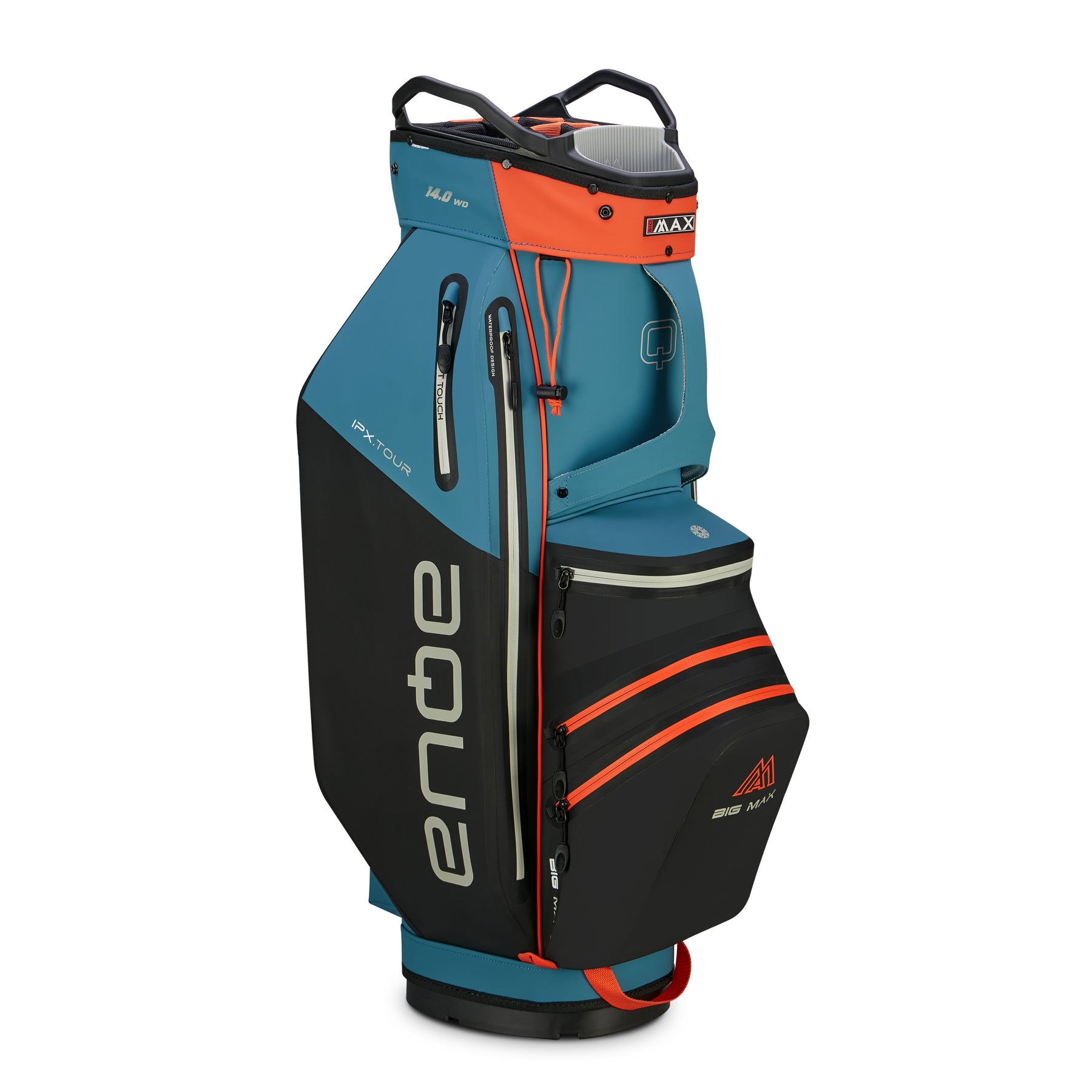 Bolsa de carro Big Max AQUA IPX.Tour lado izquierdo mostrando parte superior organizadora de 14 divisiones y bolsillos