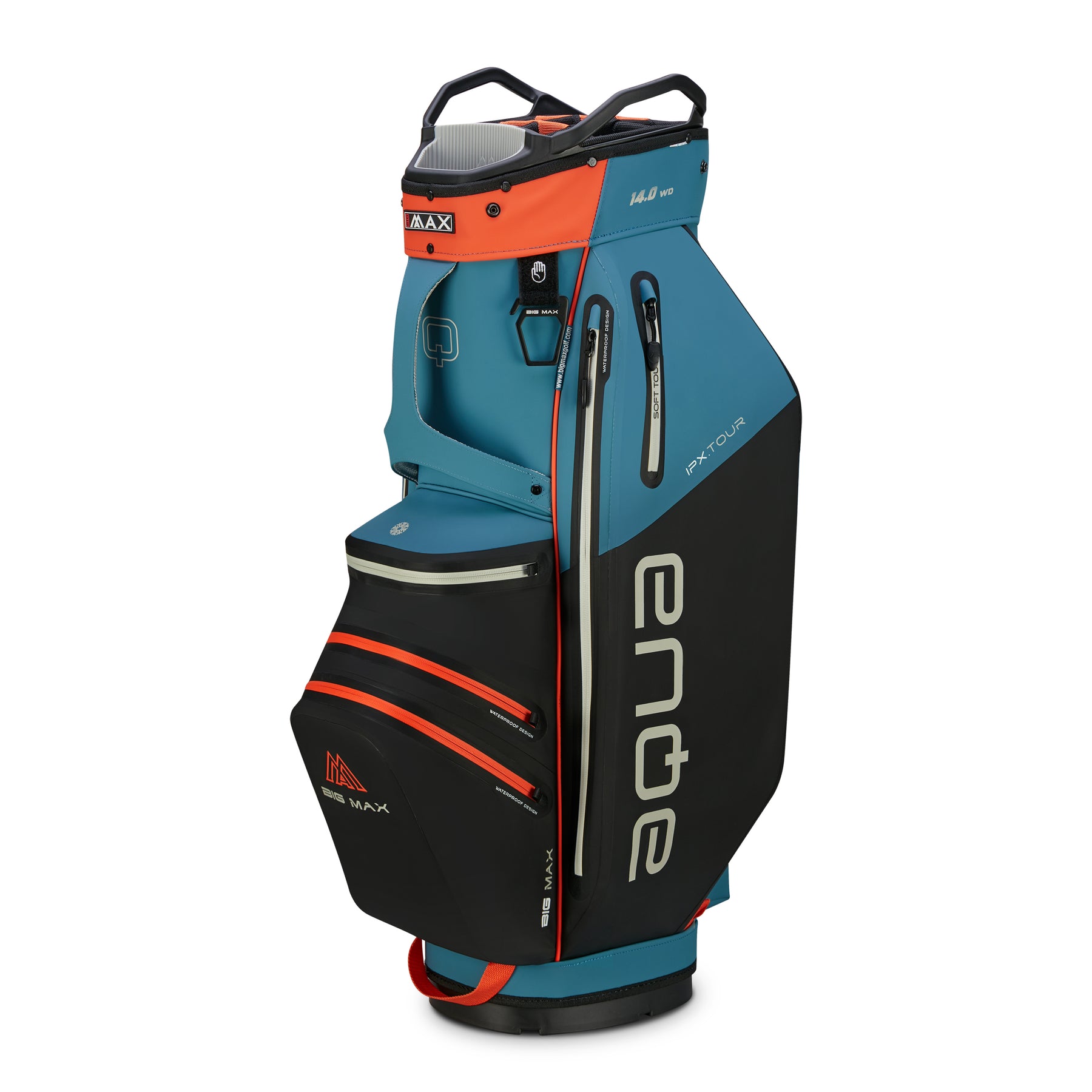 Vista frontal de la bolsa de carro Big Max AQUA IPX.Tour negro/azul mostrando las cremalleras impermeables