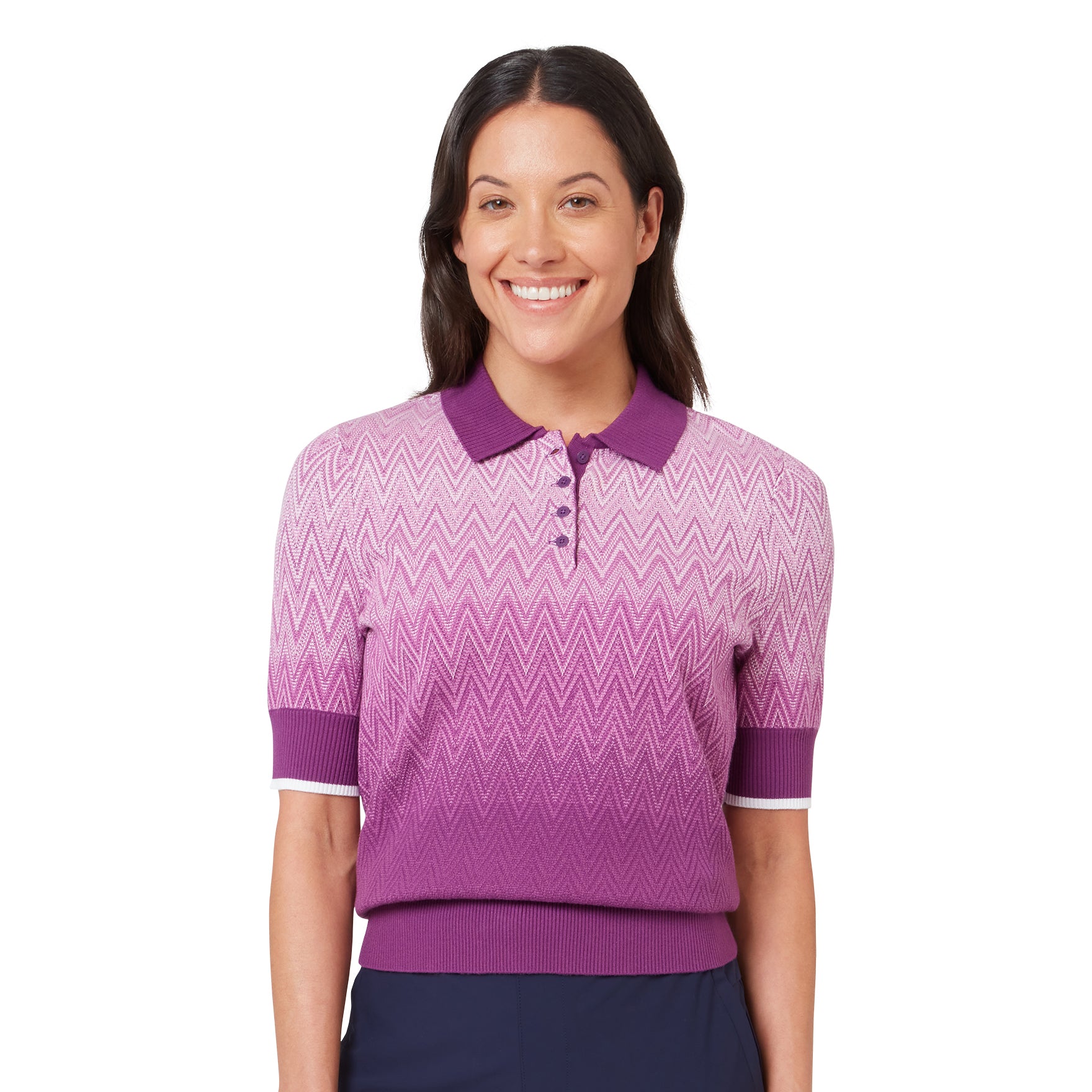 Polo de punto degradado Callaway para mujer – vista frontal mostrando el patrón de chevrón degradado