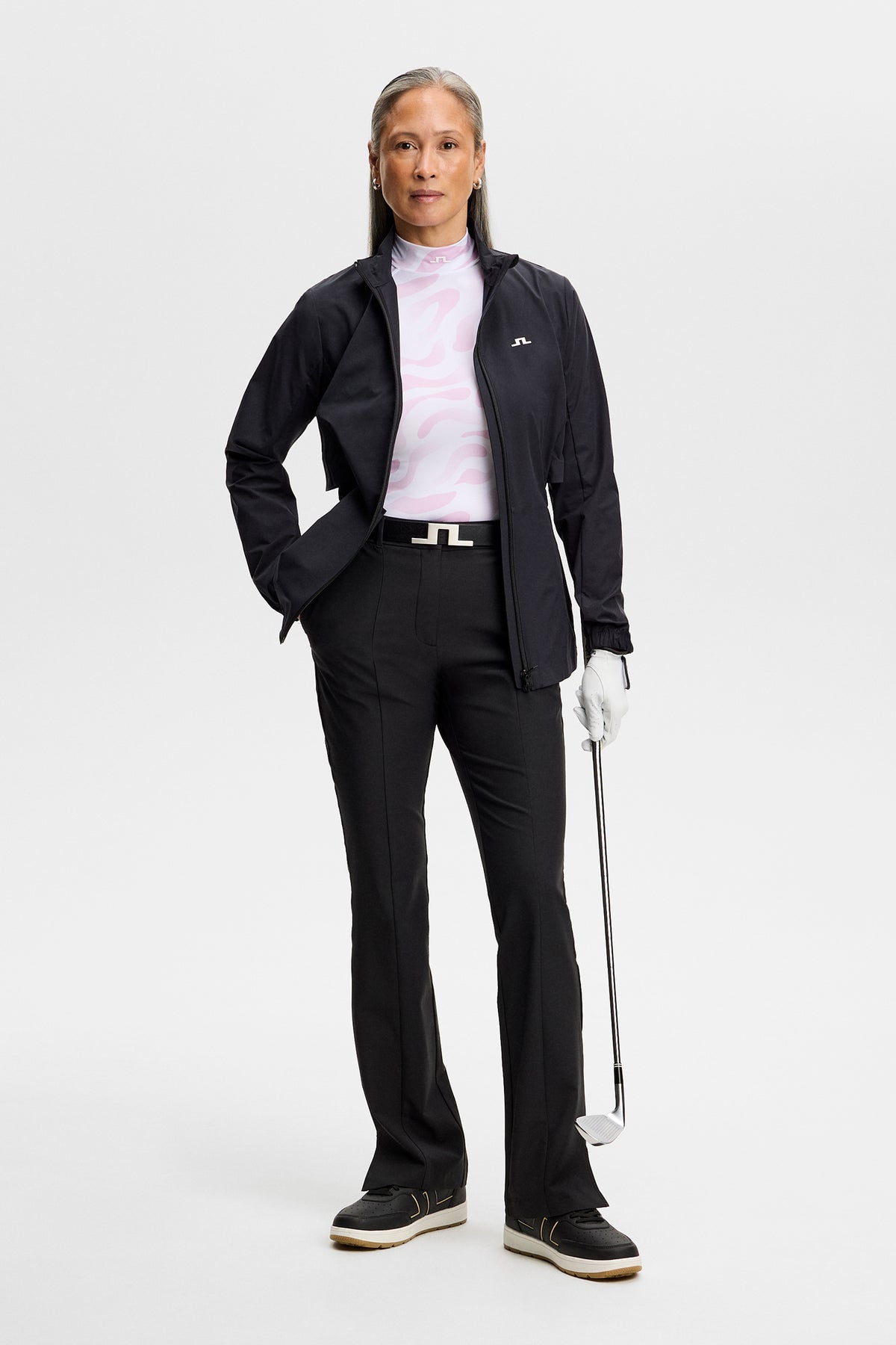 J.Lindeberg Ella Print Compression Top – detalle del estampado integral Bunker Fade White Orchid